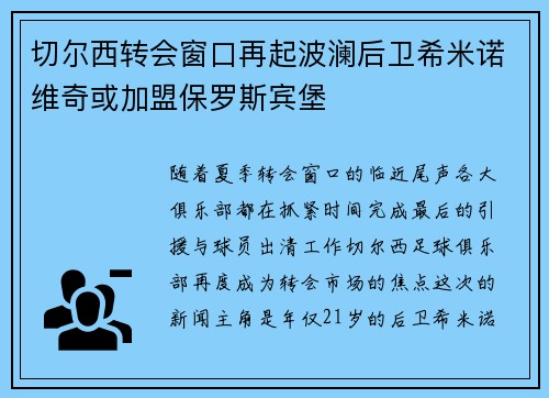 切尔西转会窗口再起波澜后卫希米诺维奇或加盟保罗斯宾堡