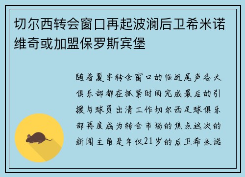 切尔西转会窗口再起波澜后卫希米诺维奇或加盟保罗斯宾堡